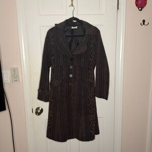 Womens Long Button-Front Coat in Dark Brown Stripe